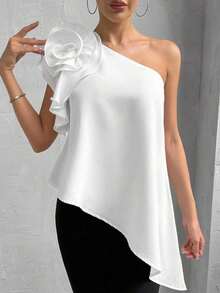 Camiseta asimétrica de verano elegante para mujer con flores 3D, sin mangas y con hombro oblicuo - Blanco - Ver 8