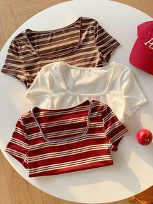 3 piezas Camisetas básicas de mujer de cuello redondo y manga corta, en azul, albaricoque y rosa, adecuadas para uso casual, estilo Y2K, primavera/verano, Día de San Valentín, carnaval, playa, fiesta de cumpleaños, boda, salida y otras ocasiones.Blusa de manga corta linda, blusa femenina, blusa hermosa, camisa linda, blusa linda, blusa de verano rosa, blusa rosa linda, blusa rosa de mujer, elegante, vacaciones, casual, estilo Y2K, primavera/verano, Día de San Valentín, carnaval, playa, fiesta de cumpleaños, boda, salida y otras ocasiones.Blusa con gráfico de corazón rojo - Multicolor 4 - Ver 4