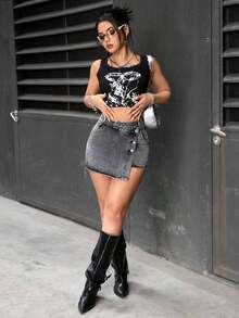PETITE Short vaquero sexy con bolsillo frontal, cruce de cintura y abotonado para mujer - Gris Claro - Ver 6