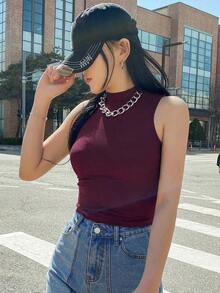 Camiseta de mujer de cuello alto, de unicolor, con ajuste ceñido y mangas cortas, de estilo casual - Morado - Ver 4