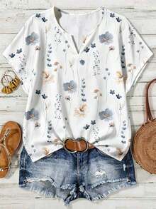 Mono informal con cuello en V y estampado floral para mujer talla grande - Multicolor - Ver 6