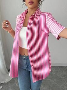 Camisa de mujer de manga corta, ajuste ceñido, con dobladillo curvo dividido, unicolor minimalista, para uso diario y casual en verano - Multicolor 4 - Ver 6