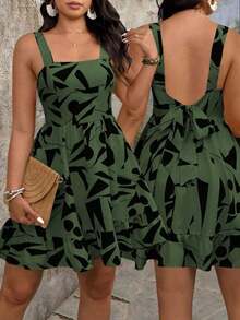 Vestido de talla grande con estampado, lazo en la cintura y decoración para mujeres de vacaciones - Verde militar - Ver 1