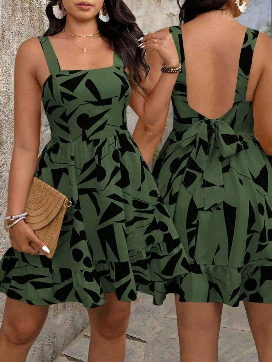 Vestido de talla grande con estampado, lazo en la cintura y decoración para mujeres de vacaciones - Verde militar - Ver 1