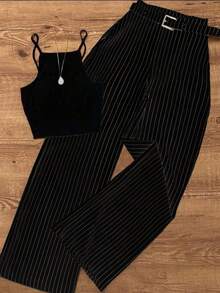 Conjunto elegante de top sin mangas casual/de oficina/de jardín con cinturilla a rayas y pantalones a rayas para mujer, para primavera/verano - Negro - Ver 7