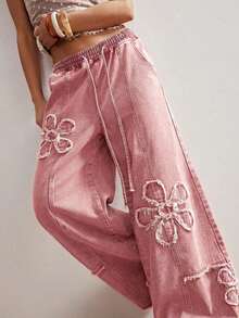 Jeans de pierna ancha de unicolor casual para mujer - Rosa - Ver 5