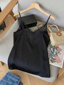 Blusa sin mangas con cuello en V y encaje, elegante para galas de noche, ocasiones formales, vacaciones, salidas nocturnas, invitados de boda, adecuada para primavera, verano y otoño, estilo de camisola con tirantes finos - Negro - Ver 3