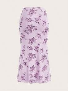 Falda de malla con estampado floral para mujer con cinturilla elástica y dobladillo de sirena - Lila Púrpura - Ver 7