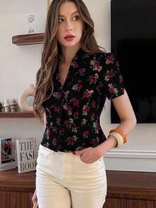 Camisa de moda de mujer con estampado floral, cuello solapa y manga corta de una sola hilera - Multicolor 2 - Ver 5