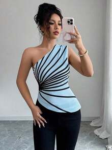 Blusa de punto con estampado de hombro oblicuo elegante para vacaciones de verano para mujer - Celeste - Ver 6