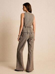 Traje vintage de pata de gallo marrón, conjunto de 2 piezas de chaleco y pantalones de pata de gallo de mujer para uso casual y formal, conjunto de pantalón ancho y chaleco, conjunto de dos piezas de tweed sin mangas para el invierno - Marrón - Ver 3