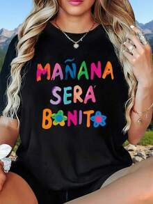 Camiseta de algodón de cuello redondo para mujer con estampado,Camiseta única y divertida con diseño colorido que dice Mañana Será Bonito estilo y2k perfecta para expresar optimismo y estilo en tus outfits, ideal para cualquier ocasión y amante de la moda que busca prendas originales y alegres. - Negro - Ver 6