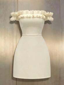 Vestido romántico con hombros descubiertos y volantes en la cintura para mujeres - Albaricoque - Ver 3
