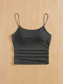 Camiseta ajustada con cuello redondo, almohadilla en el pecho y transpirable.Camisola básica para mujer sin sujetador - Gris Oscuro - Ver 4