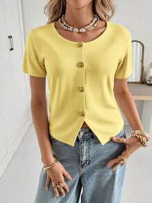 Cárdigan casual de mujer de manga corta, cuello redondo, con botones delanteros, de unicolor y delgado - Amarillo - Ver 6