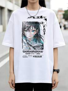 Y2K Style Babelglow Techwear T-Shirt, Cotton Anime Fan  Ladies Casual Top - White - View 1