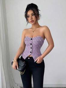 Top corto sin mangas con botones delanteros y estampado de pata de gallo, para uso en oficina o viajes, de moda para el verano - Morado Violeta - Ver 4