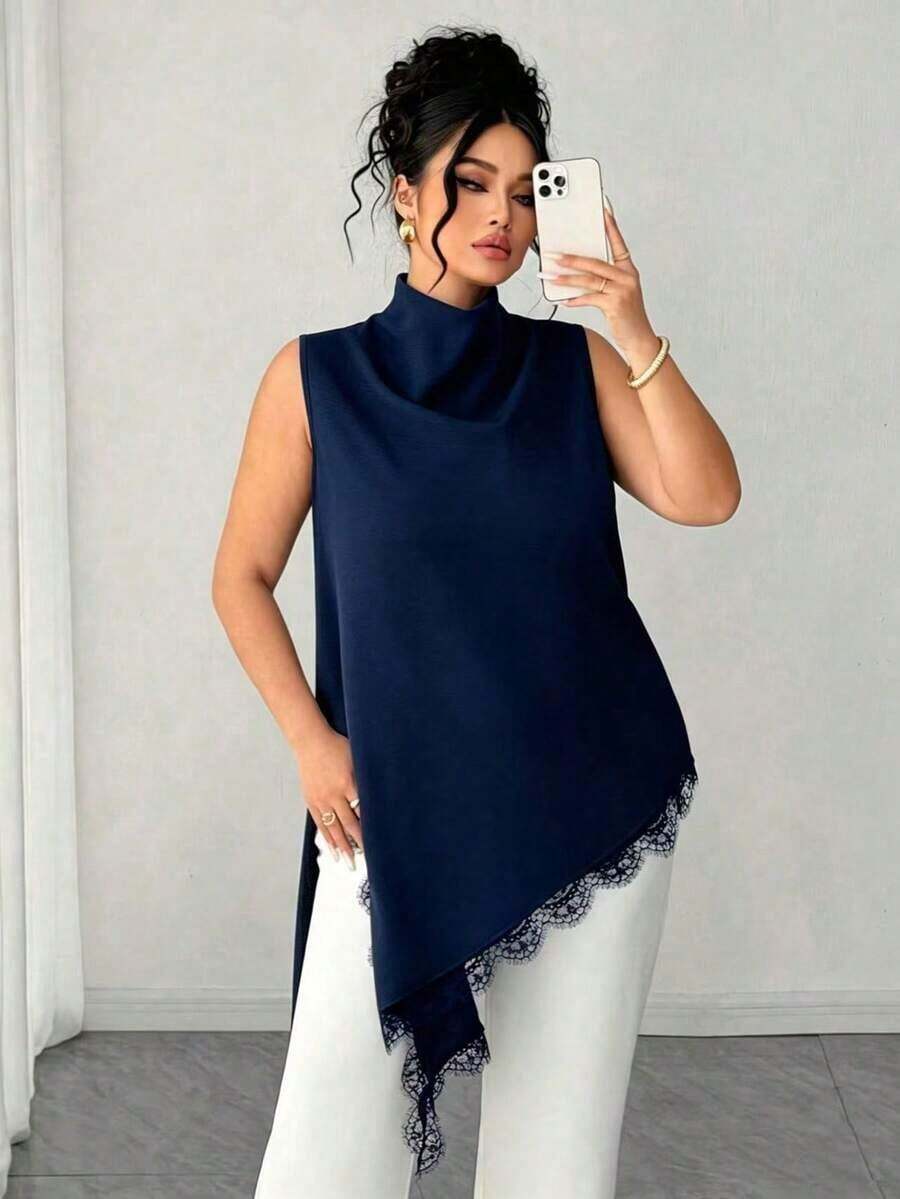 Blusa sin mangas con dobladillo de encaje para mujer de talla grande, elegante blusa larga de estilo vintage, versátil para el trabajo, graduación, vacaciones, San Valentín, festivales de música, Día de la Madre, Halloween, Acción de Gracias, Pascua, Día Nacional, bailes, citas, bodas, salidas, etc. - Azul marino - Ver 1
