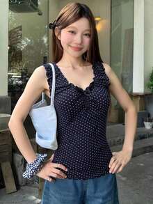 Blusa elegante sin mangas con lazo y lunares, estilo coreano para mujer - Azul marino - Ver 4
