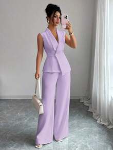 Conjunto de oficina elegante para mujer, compuesto por una chaqueta blazer sin mangas con cuello y bajo asimétrico, con hebilla metálica en la cintura, combinada con pantalones de cintura elástica.Conjunto de 2 piezas elegante para primavera/verano, atuendo formal y de clase para mujer. - Púrpura malva - Ver 8