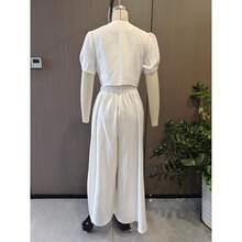 Elegant Spring Outfit For Women, Short Button-Down Blouse And Flared Trousers, Fashionable Style - White - View 3