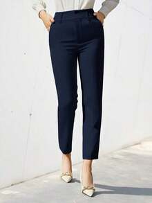Pantalones de traje sólidos y simples para uso diario de mujer - Azul marino - Ver 1