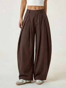 Pantalones anchos de verano con dobladillo curvo verde, estilo vintage, casual y para salir - Café integral - Ver 7