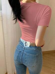 Camiseta de cuello redondo de ajuste delgado de unicolor liso, casual y versátil - Rosa - Ver 3