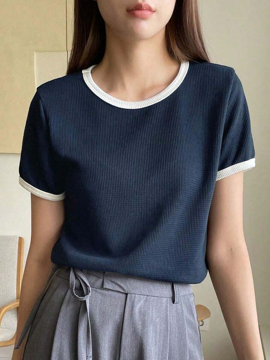 Camiseta básica de mujer de manga corta y cuello redondo, color liso, top de verano - Azul marino - Ver 1