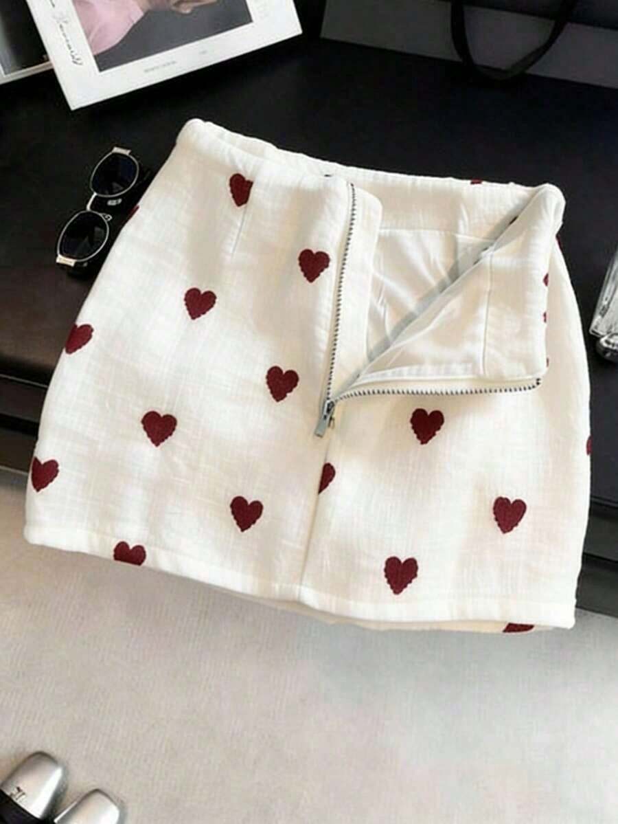 Falda con cierre de cremallera, estampado de corazón, de corte evasé y talle bajo, de estilo coreano y de nueva moda, que estiliza la figura de la mujer - Blanco 2 - Ver 1