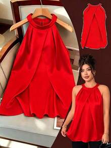 Camiseta sin mangas con pliegues 3D elegante para mujer de talla grande, versátil para fiesta, té de la tarde, ir al trabajo, color caqui - Rojo - Ver 8