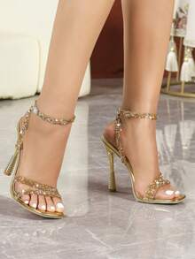 Giày cao gót thời trang nữ: Sandal đế bằng da lộn họa tiết da báo, Sandal quai ngang màu nude, Sandal mũi vuông tối giản, Sandal gót đen sơn mài, Sandal cao gót đế mỏng, Sandal thường mùa hè ngoài trời, Sandal màu mơ cho nữ. - Vàng - Xem 5