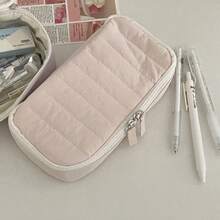 Estuche para lápices Fluffy Cake, de tela suave, color sólido, acolchado, con cremallera, bolsa de papelería para estudiantes, portátil y multiusos. - rosa - Ver 8