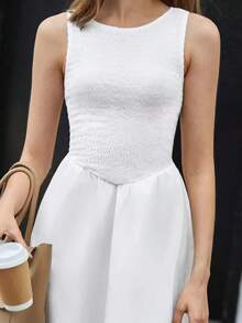 Vestido elegante de unicolor con cintura redonda y cuello ceñido en línea A para mujer, ajuste casual básico de negocios adecuado para bodas, conciertos, ceremonias - Blanco - Ver 6