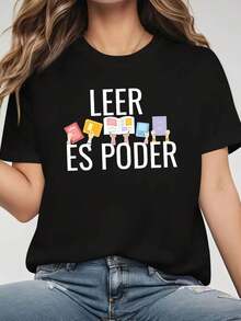 Women's Essential Casual T-Shirt, Minimalist Style With "READING IS POWER" Text Print, Round Neck, Short Sleeve, For Spring/Summer, Suitable For Casual Outings, Holiday Gifts And Meetings With Friends, With A Focus On Promoting Reading, Made Of Soft Cotton For Everyday Wear. - 黑色 - 查看 7