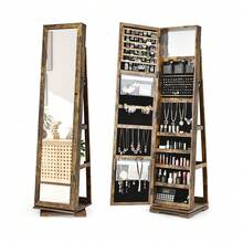 GOFLAME Free Standing Mirrored Jewelry Cabinet 360° Rotating Jewelry Armoire Lockable Jewelry Organiser With Full Length Mirror 96 Ring Slots - Rust Brown - View 1