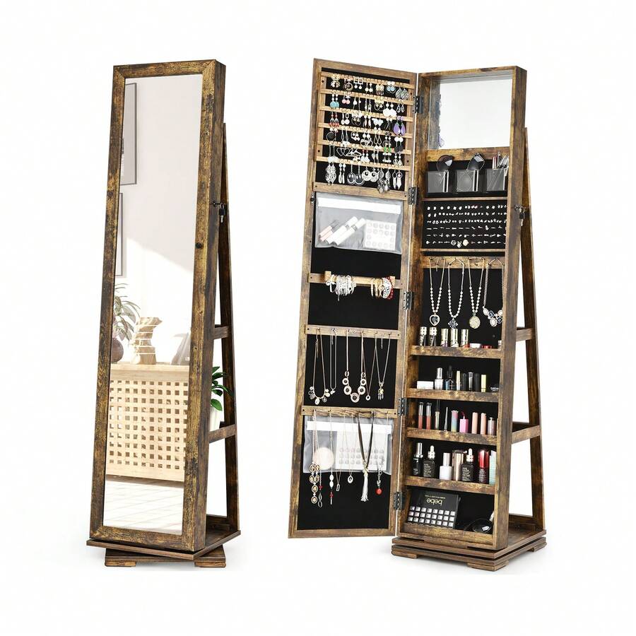 GOFLAME Free Standing Mirrored Jewelry Cabinet 360° Rotating Jewelry Armoire Lockable Jewelry Organiser With Full Length Mirror 96 Ring Slots - Rust Brown - View 1