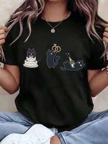 Under The Radar Women's T-Shirt With Cat, Wedding Cake And Rings Print, Crew Neck, Casual Loose Fit For Everyday Wear, Gift Idea - Vintage Urban Style, Unisex Cotton Short Sleeve Crew Neck T-Shirt - 黑色 - 查看 6