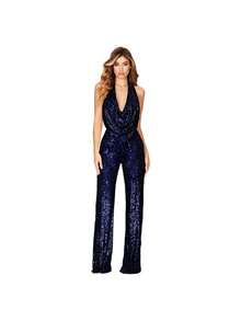 Monochromatic Gold Sequined Dress, Deep V-Neck Halter Neckline, Sleeveless Wide-Leg Design, Stretchy Shimmering Fabric Ideal For Evening Parties, Festive Events And Winter, Glamorous Sexy Style Perfect For Elegant Dinners And Celebrations - 深藍色 - 查看 2