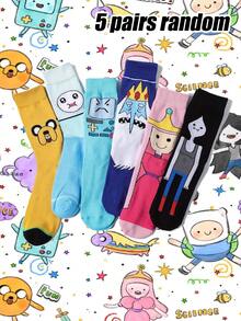 3/5 Pairs Random Women's Socks, Warner Bros Collaboration Adventure Series Printed With Finn, Jake, Cat, Cake, Ice King And Other Cartoon Characters, Cute And Socks Suitable For Daily Wear - Multicolor - View 9
