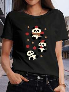 Camiseta de Mujer con Estampado "Apple Panda" |   Camiseta Casual de Manga Corta, Suave y Transpirable, Elasticidad Moderada, Lavable a Máquina, Cuello Redondo, 100% Algodón, Camiseta para M - Negro - Ver 7