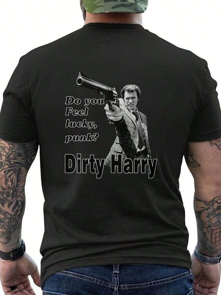 Camiseta de estilo punk con un estampado en la espalda de la icónica frase de Dirty Harry, una homenaje a las películas clásicas en blanco y negro - Un regalo ideal - Camiseta unisex de algodón suelto de manga corta y cuello redondo de estilo vintage urbano. blusas.blusas casuales para dama.Impresión de osos cariñosos.Camiseta estampada Impresión de osos cariñosos. - Negro - Ver 1