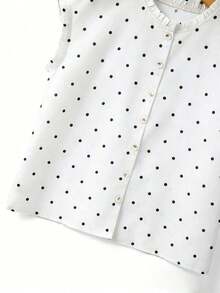 Blusa de mujer con cuello redondo, sin mangas, abotonada, con volantes y estampado de lunares vintage francés, versátil para el trabajo, el té de la tarde y el uso diario, suelta y casual - Blanco - Ver 4