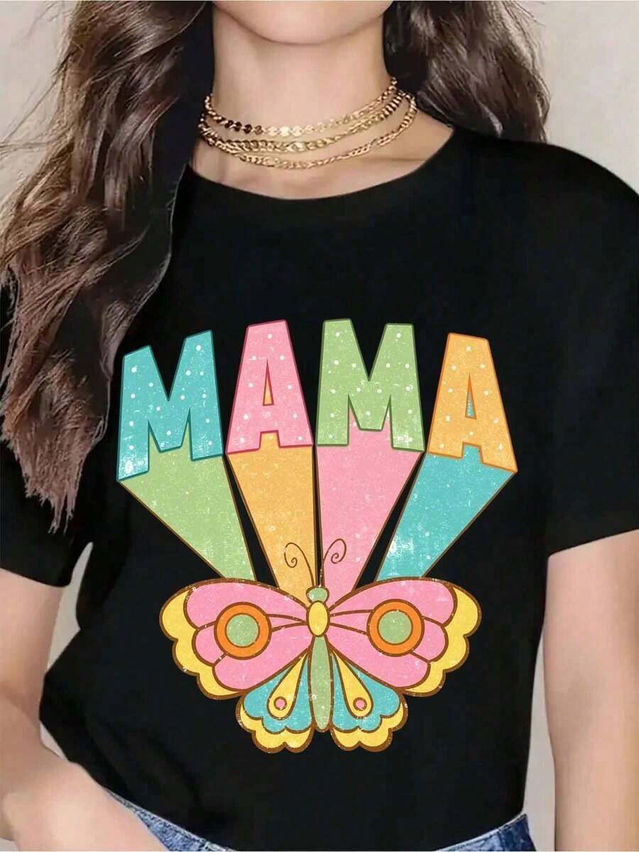 Women's Butterfly T-Shirt, Mother's Day Gift, Colorful And Cute Design, Casual Summer Wear, T-Shirt For Mom, Women's T-Shirt - 黑色 - 查看 1