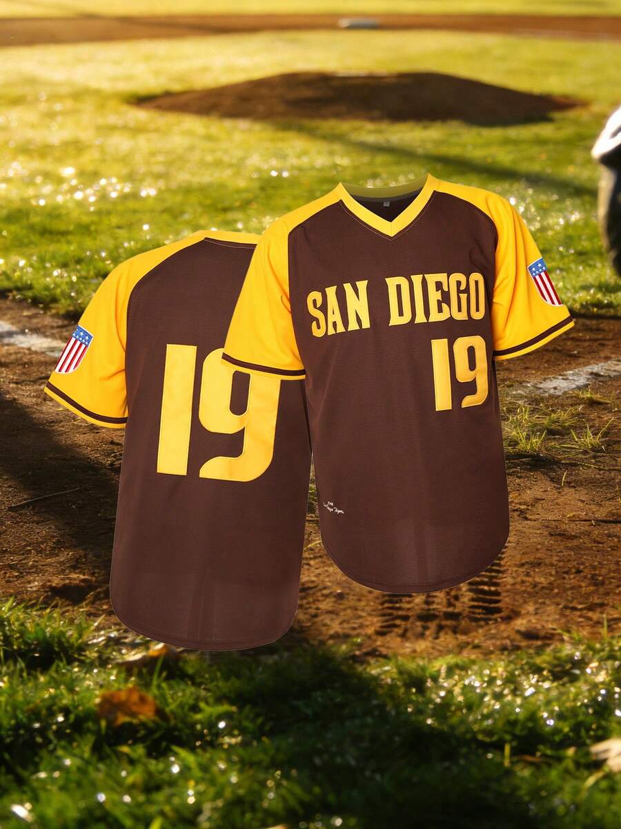 Men's #19 Brown Baseball Jersey - Short - Sleeve V - Neck Design, Letter & Number Embroidery, Yellow - Brown Contrast Color - Block Sleeves, Ideal For Training & Streetwear - 19 Brown - 查看 1