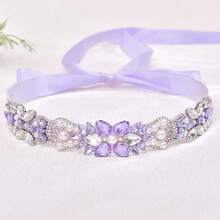1 chiếc thắt lưng cô dâu đính đá màu tím nhạt sang trọng, thắt lưng eo cưới, thắt lưng buộc eo thủ công cổ điển đính ngọc trai giả, phù hợp với váy cưới, váy dạ hội, dự tiệc và mặc hàng ngày. - Màu tím hoa cà - Xem 3