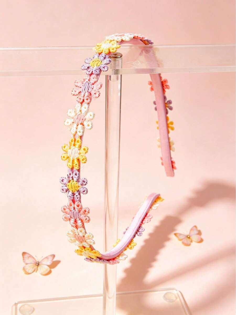 1/2/3件裝花卉與蝴蝶刺繡髮箍 柔軟緞面舒適髮箍 適合派對與日常髮飾 - 彩色 - 查看 1