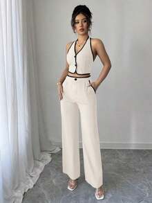 Set de 2 piezas para mujer: Top halter de cuello con recorte de contraste y espalda descubierta, y pantalones con bolsillo - Albaricoque - Ver 4
