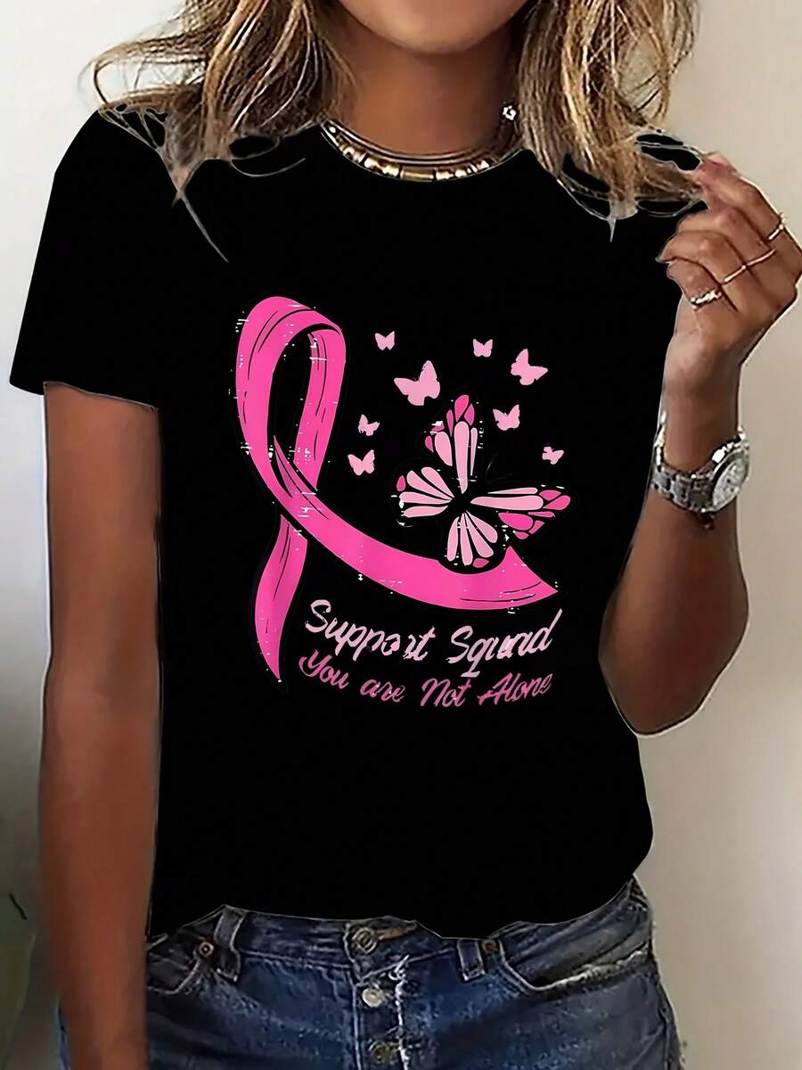 Women's Short-Sleeved T-Shirt With A Y2K Fantasy Print, Casual Style, Featuring A Butterfly And Heart Design. Machine Washable, Easy To Match, Ideal For All Seasons, Available In Multiple Colors And Sizes. Perfect For Birthday Parties, Holiday Gifts, And Everyday Outings, Highlighting Your Delicacy And Confidence-A Must-Have Item! Printed, Simple, Versatile, Loose Fit, With A Fitted Crew Neck. - 黑色 - 查看 1