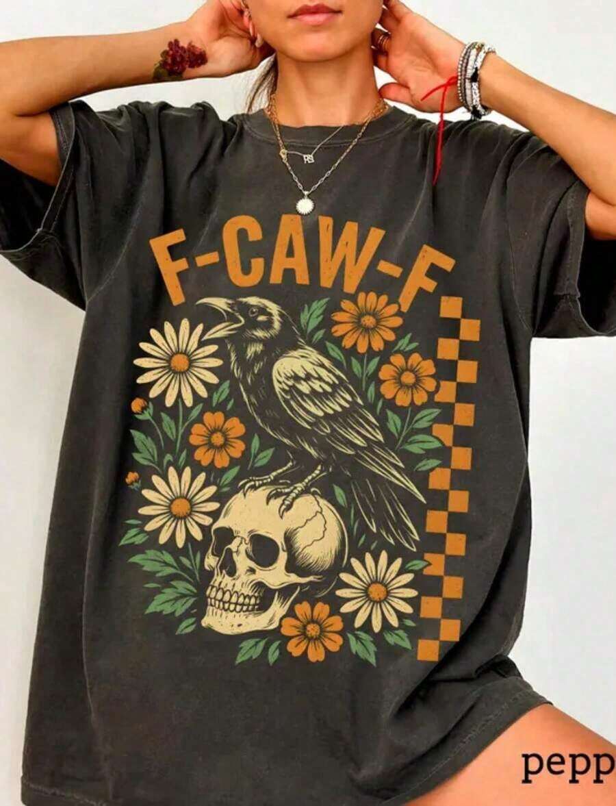 Halloween T-Shirt With Crow And Pumpkin Design, Jack O Lantern, Boho Cottagecore, Floral Halloween, Plus Size, Crew Neck T-Shirt, Halloween Party - Black 2 - View 1